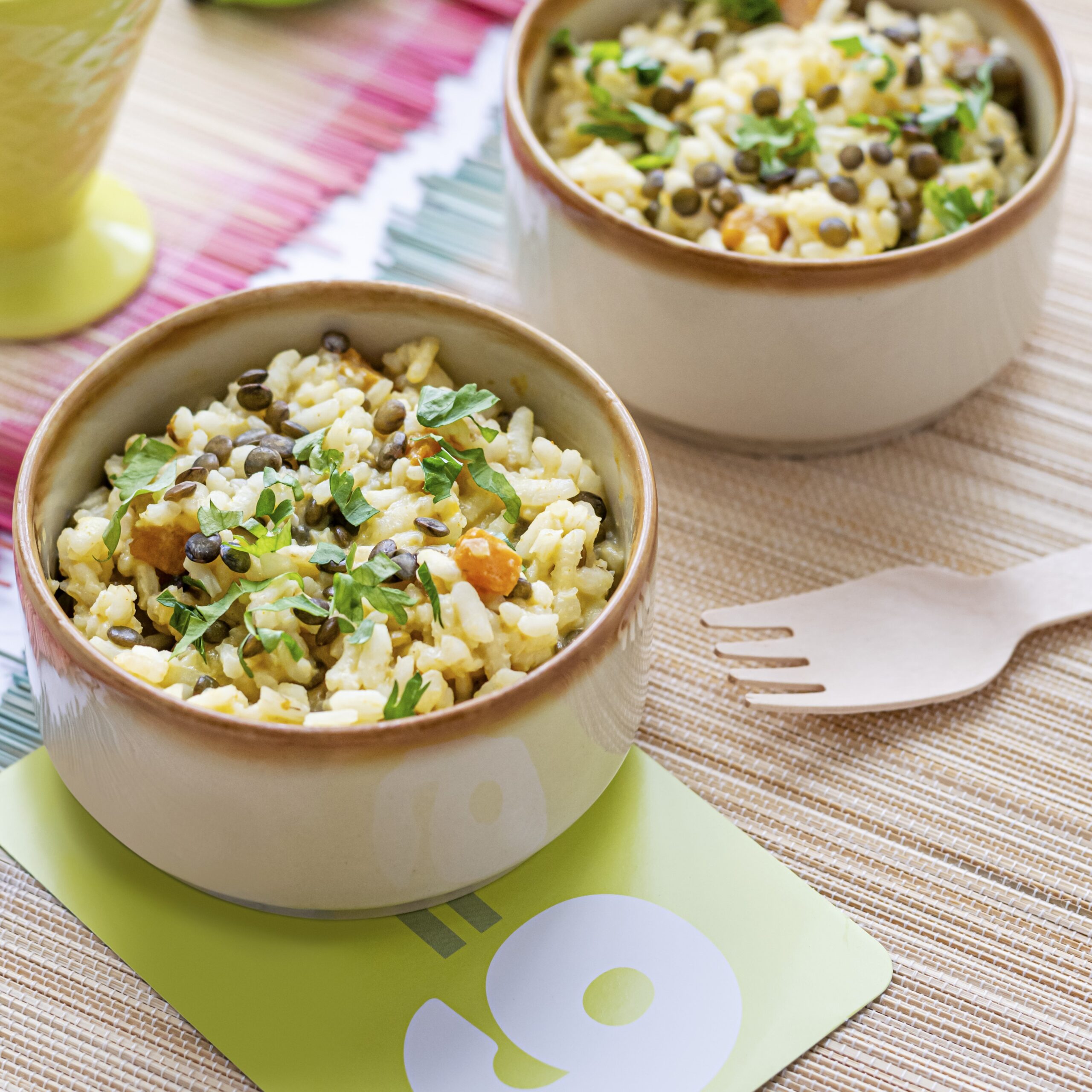 Pumpkin risotto kids food, with green lentils