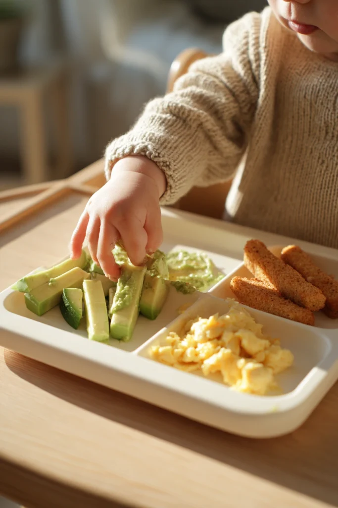 Baby in a high chair exploring avocado slices, scrambled eggs, and toast sticks on a divided plate during a sunlit baby-led weaning meal.